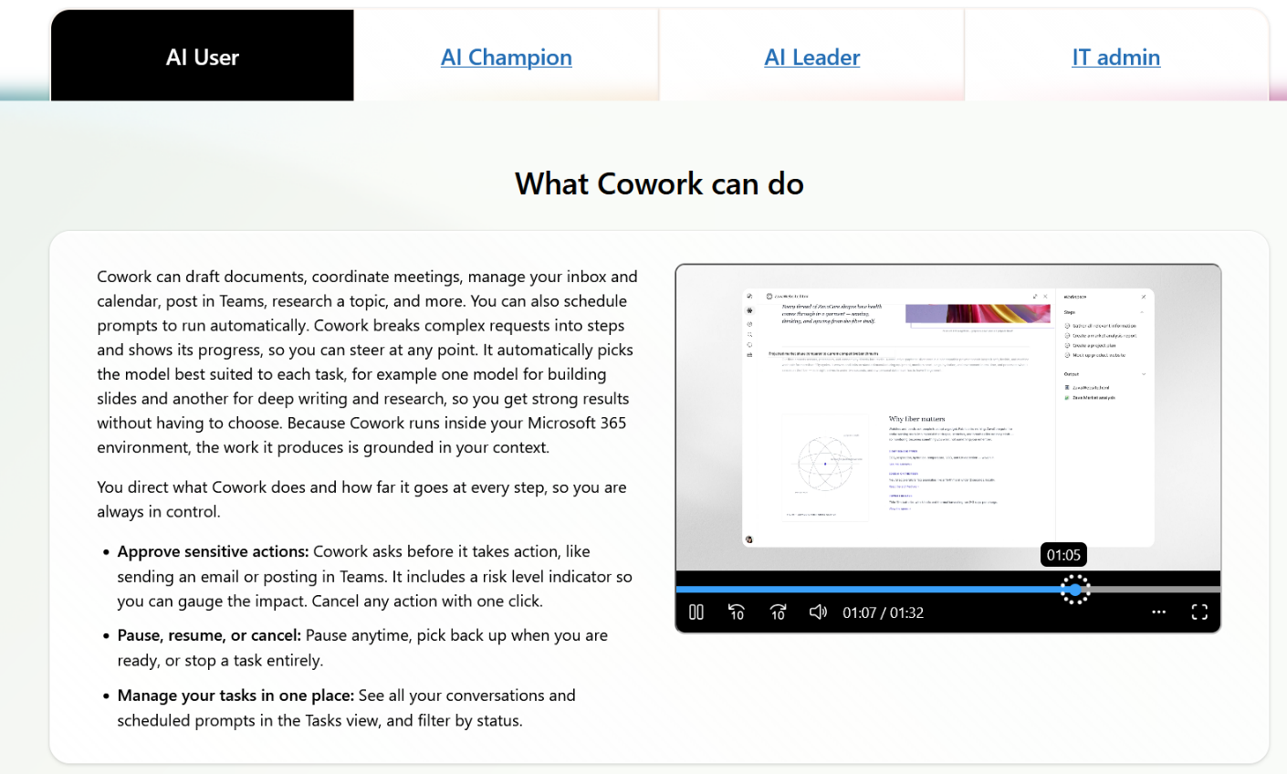 Microsoft Copilot Cowork product page explaining what Cowork can do