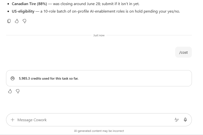 Copilot Cowork cost command showing 5,985.3 credits used