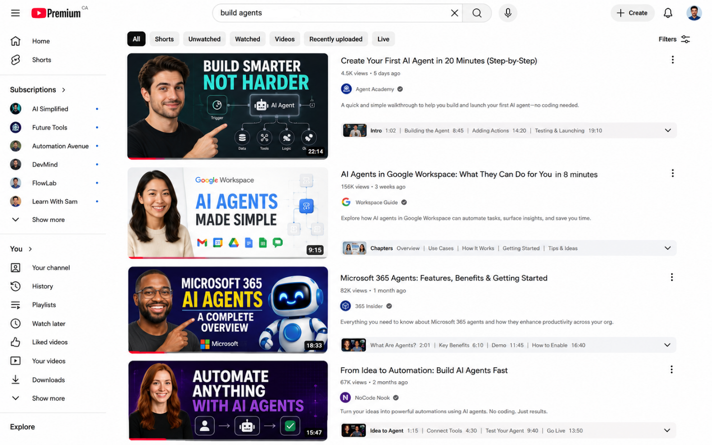 YouTube search results for building AI agents, full of videos promising agents built in minutes with no code