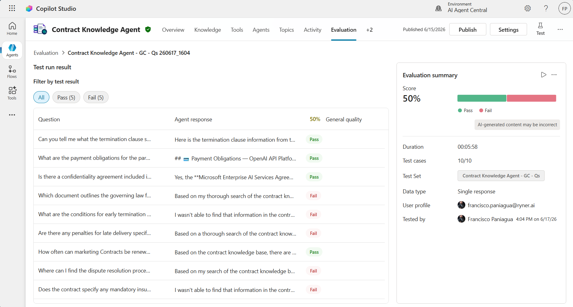 Copilot Studio evaluation run for a contract knowledge agent showing a 50% score with five passes and five fails