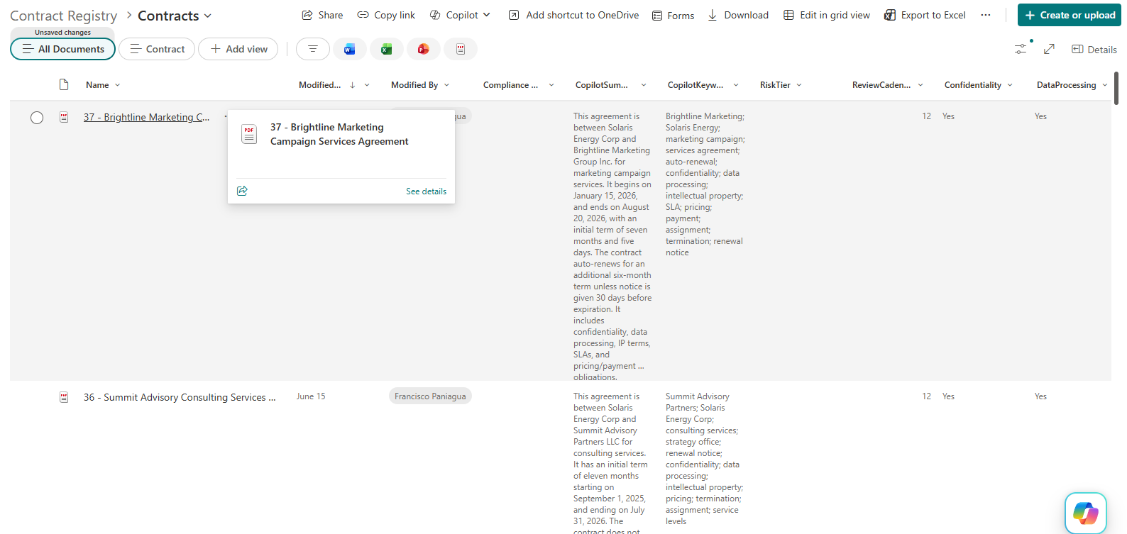 SharePoint contract registry with AI-extracted metadata columns for summaries, keywords, risk tier, review cadence, and confidentiality