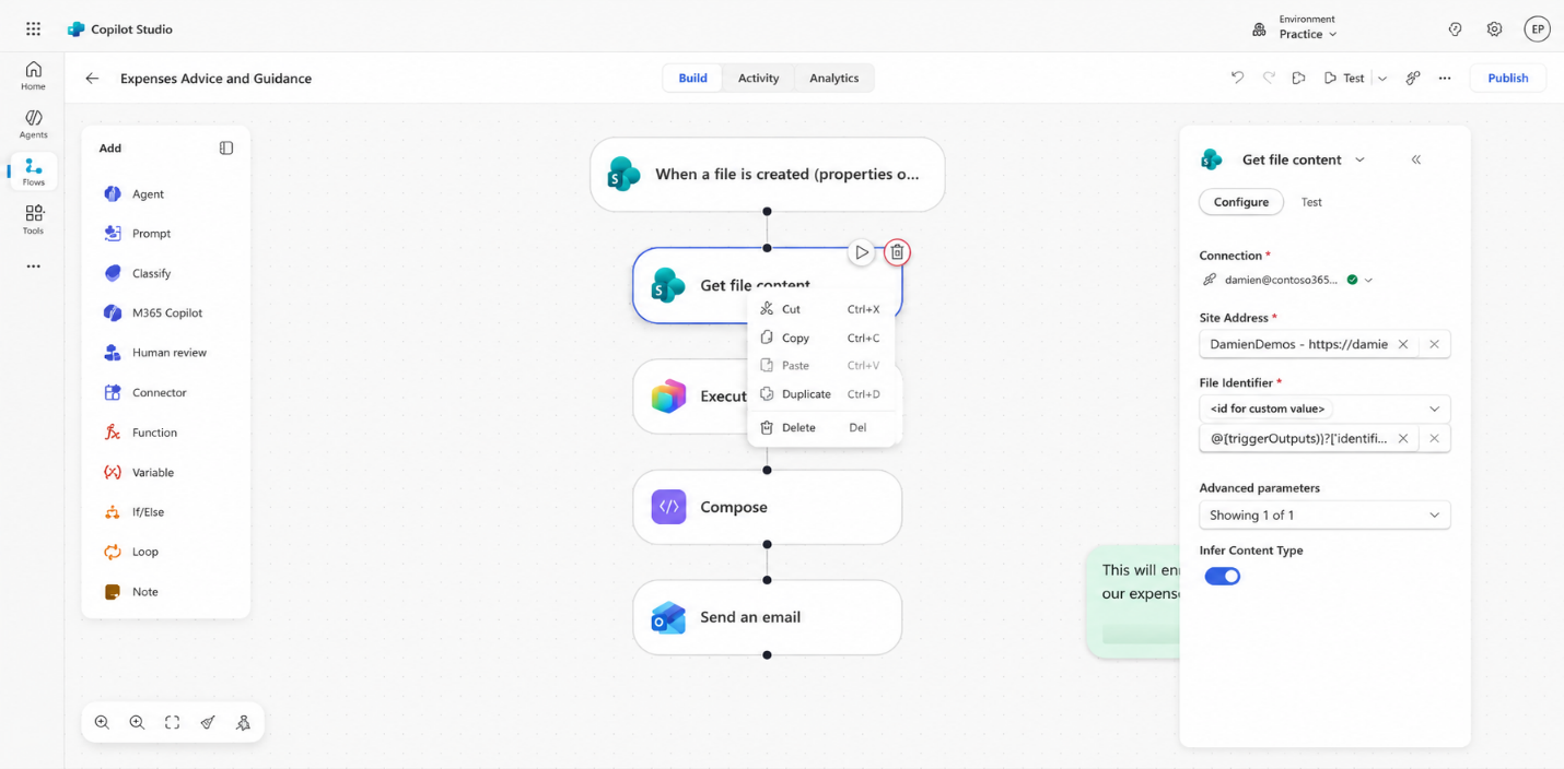 Copilot Studio workflow builder showing a deterministic flow: a file is created, its content is retrieved, composed, and emailed