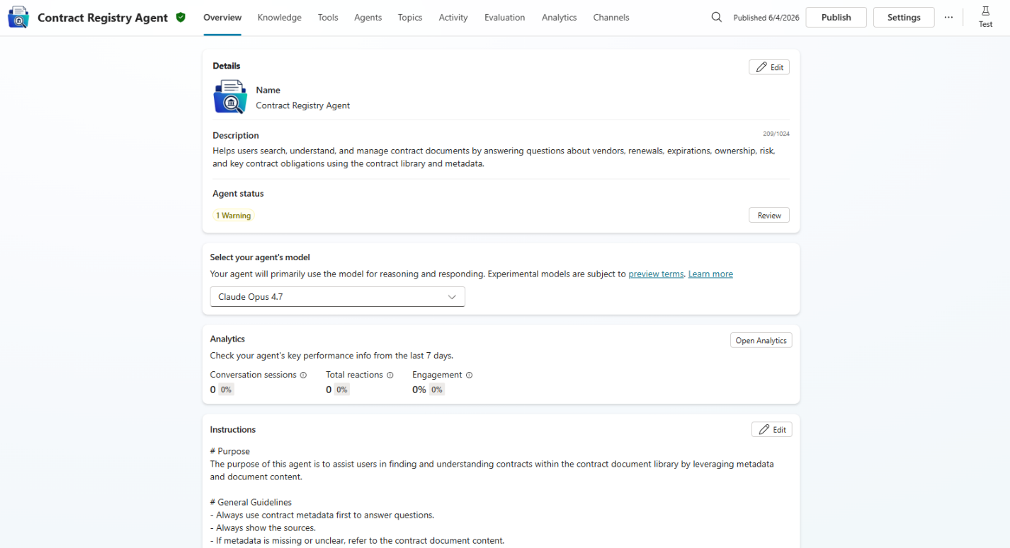 The new Copilot Studio agent overview page with agent details, model selection, analytics, and instructions
