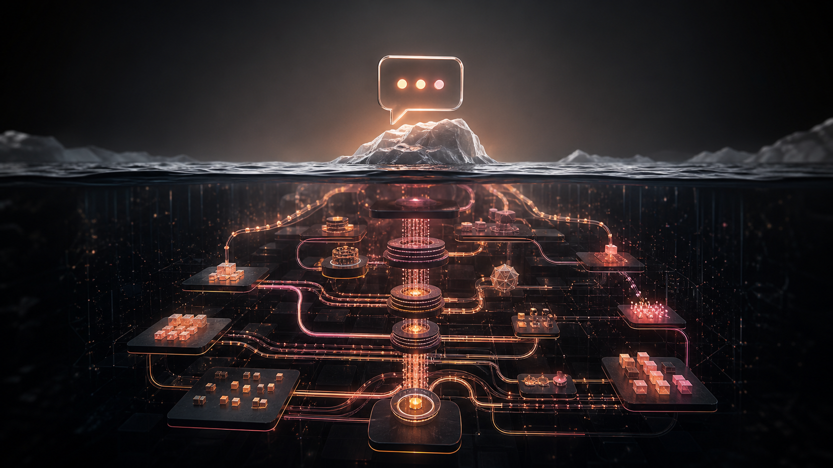 Iceberg with a chat bubble above the waterline and hidden machinery below, representing the architecture behind reliable AI agents